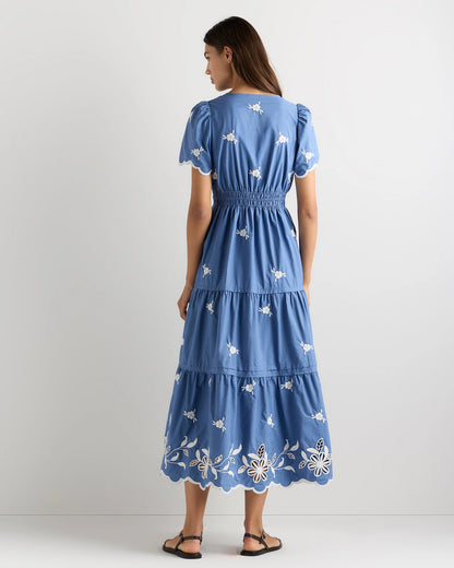 100% Organic Cotton Poplin Embroidered Tiered Maxi Dress - XS / Moonstone Blue