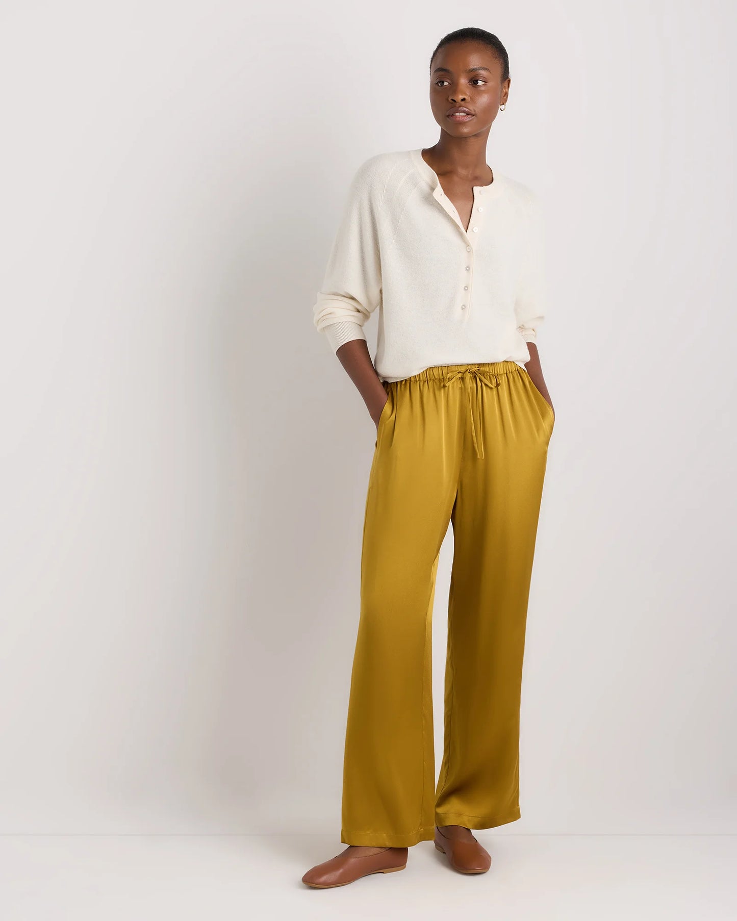 100% Washable Silk Drawstring Wide Leg Pants - XS / Champagne
