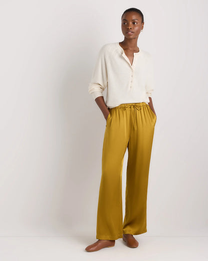 100% Washable Silk Drawstring Wide Leg Pants - XS / Champagne