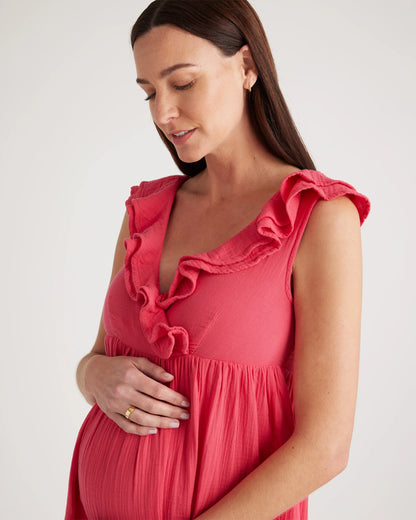 Organic Cotton Gauze Maternity Ruffle Front Dress - XS / Hot Pink