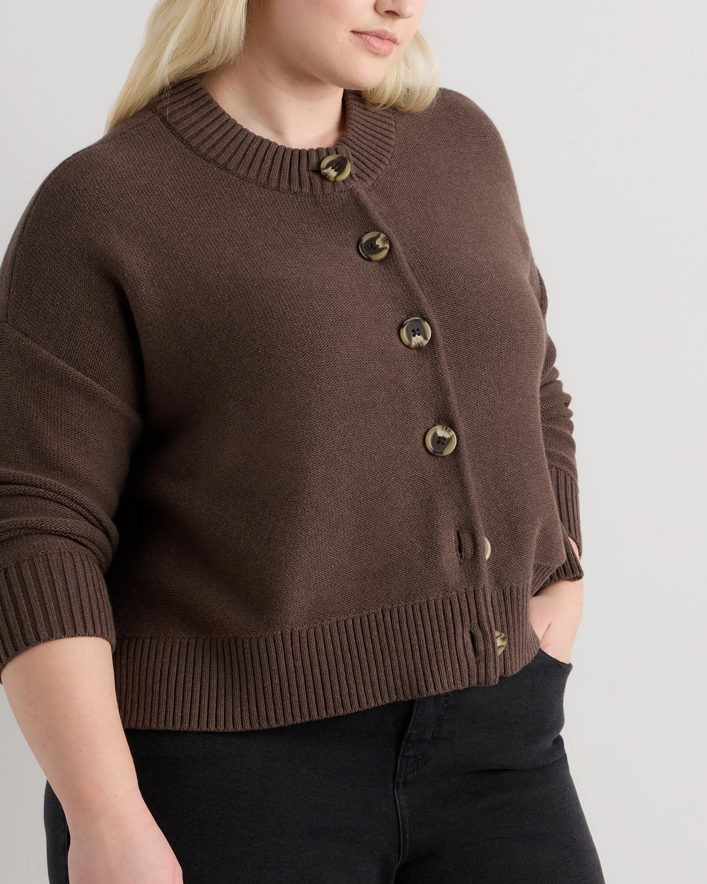 100% Organic Cotton Cropped Cardigan - 1X / Speckled Beige