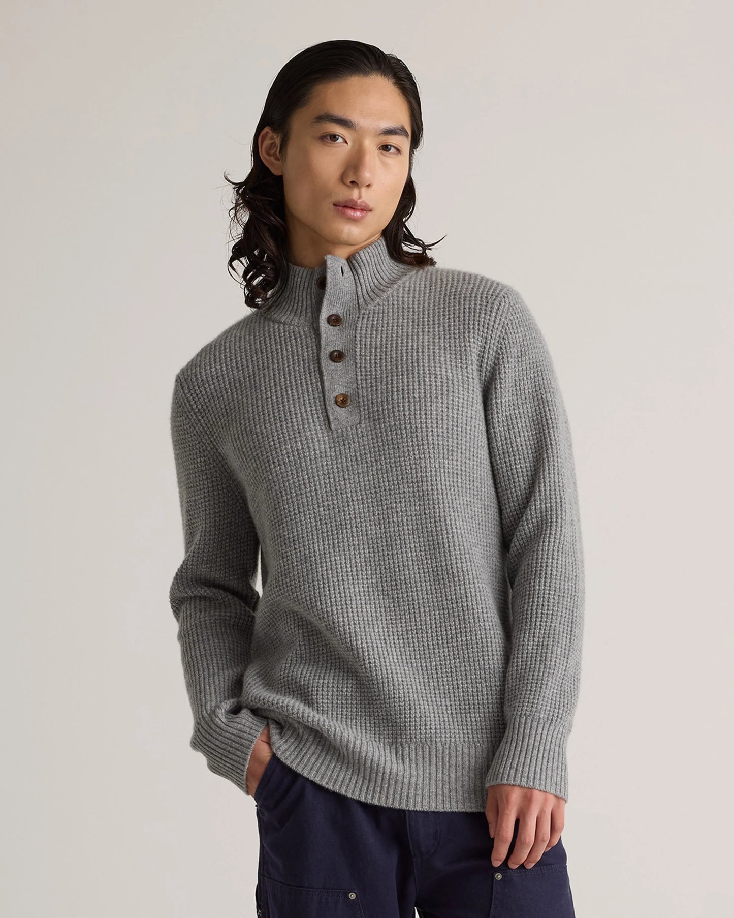 Mongolian Cashmere Waffle Quarter Button Sweater - S / Elk Brown