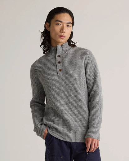 Mongolian Cashmere Waffle Quarter Button Sweater - S / Elk Brown