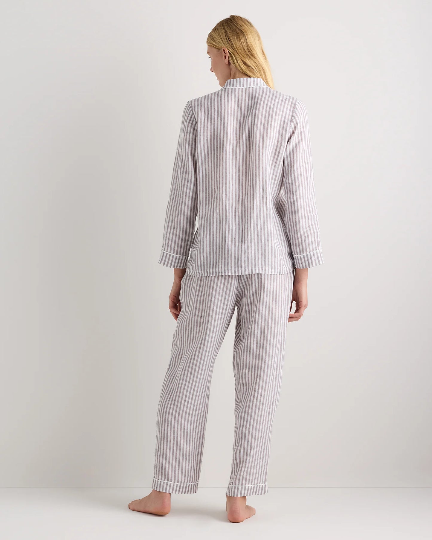 100% European Linen Long Sleeve Pajama Set with Piping - XS / Taupe Brown Gingham