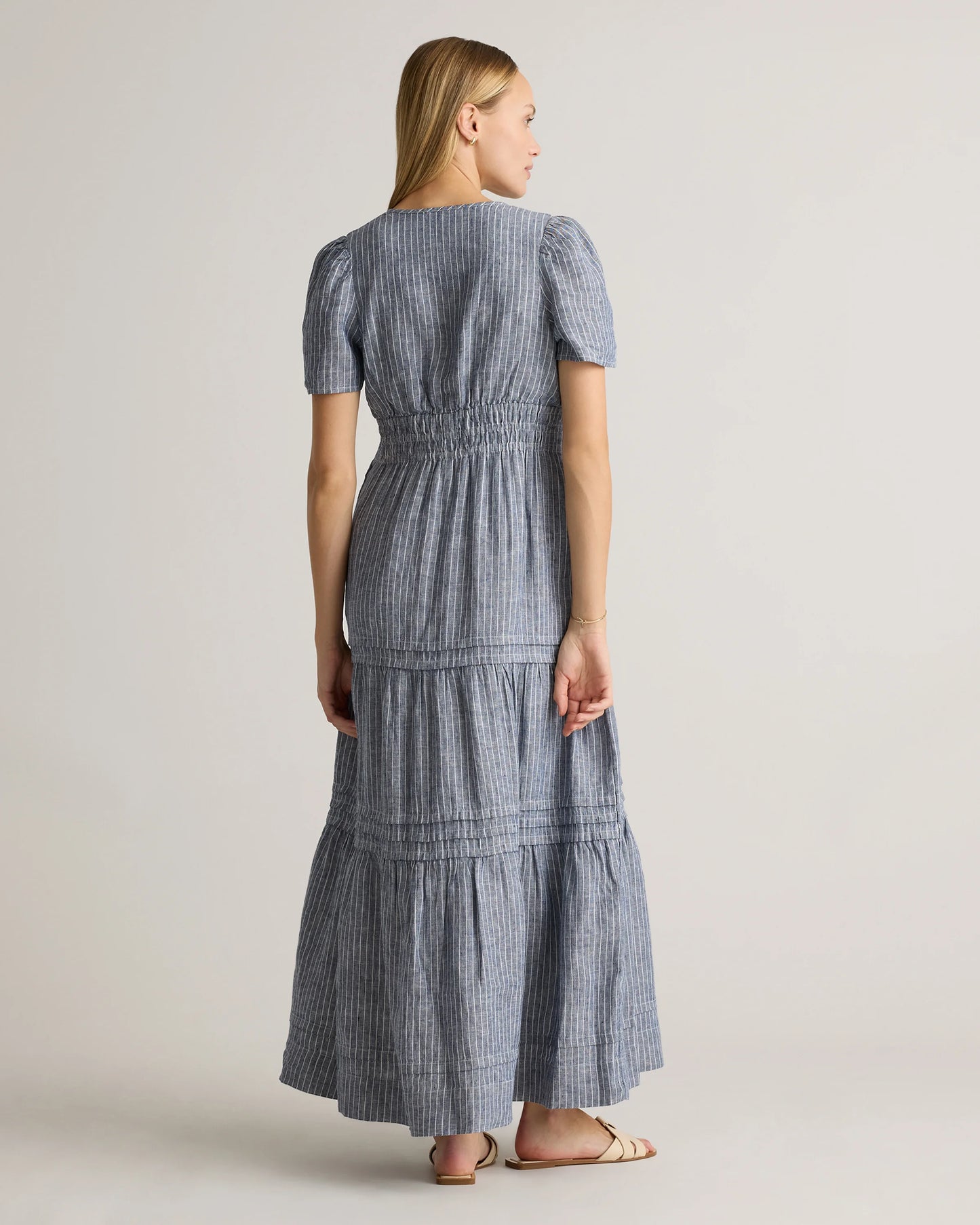 100% European Linen Tiered Maxi Dress - XS / Ivory Porcelain Blue Petite Floral