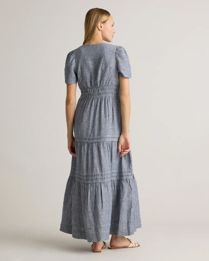 100% European Linen Tiered Maxi Dress - XS / Ivory Porcelain Blue Petite Floral