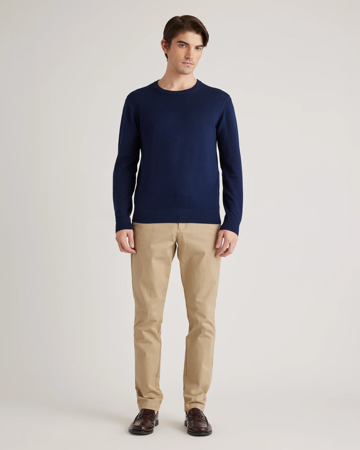 Organic Cotton-Silk Pique Crewneck Sweater - S / Speckled Beige