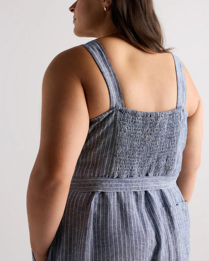 100% European Linen Square Neck Jumpsuit - 1X / Deep Navy