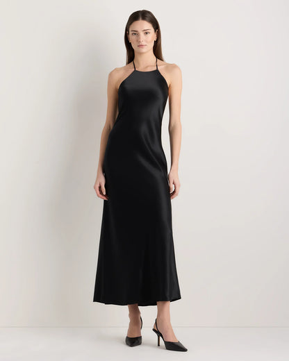 100% Washable Silk Halter Maxi Dress - XS / True Black
