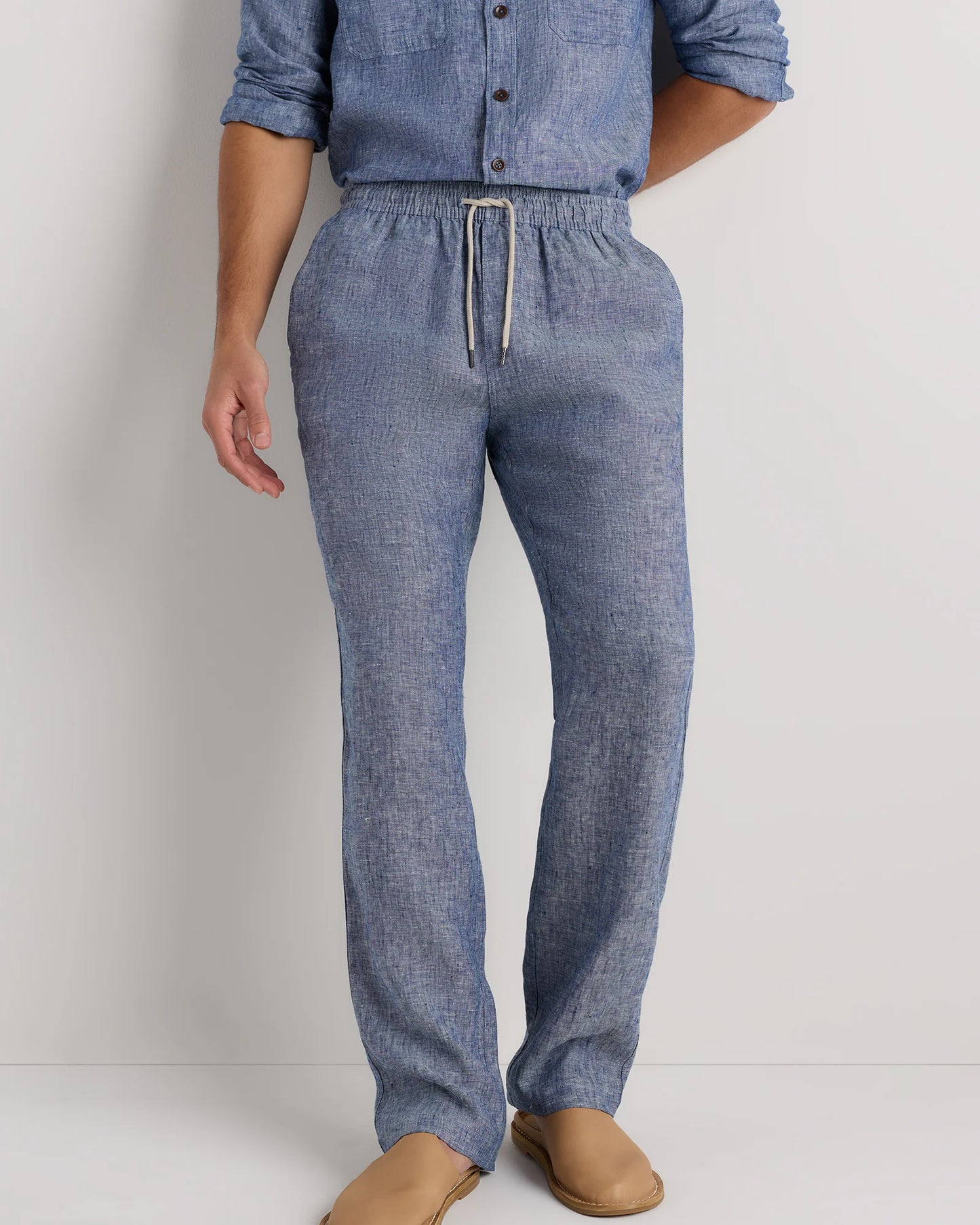 100% European Linen Drawstring Beach Pants - XS / Taupe Brown Chambray