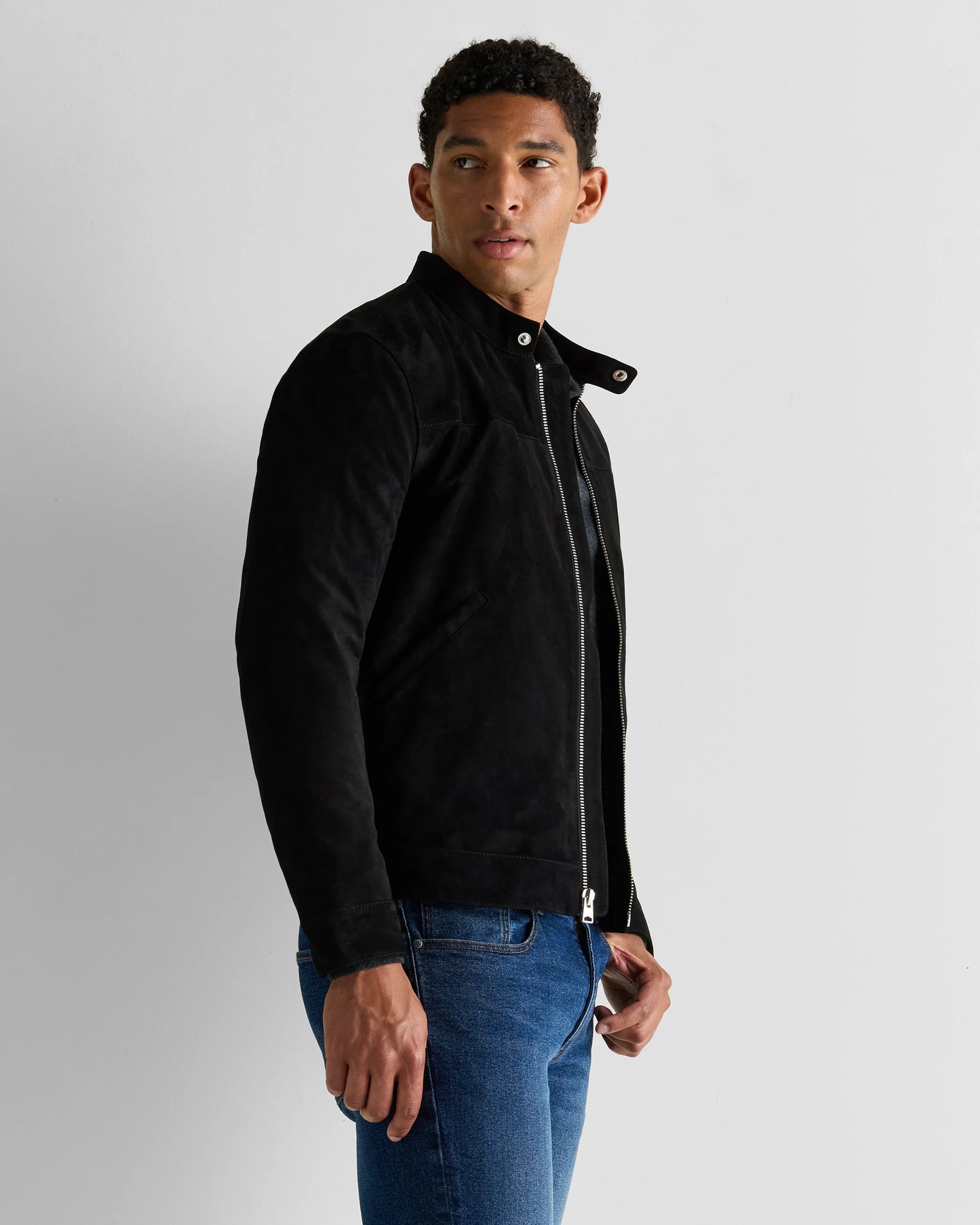 100% Suede Café Racer Jacket - S / Pecan Brown