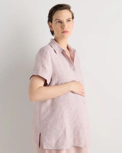 100% European Linen Maternity Camp Shirt - XS / Blue Pinstripe