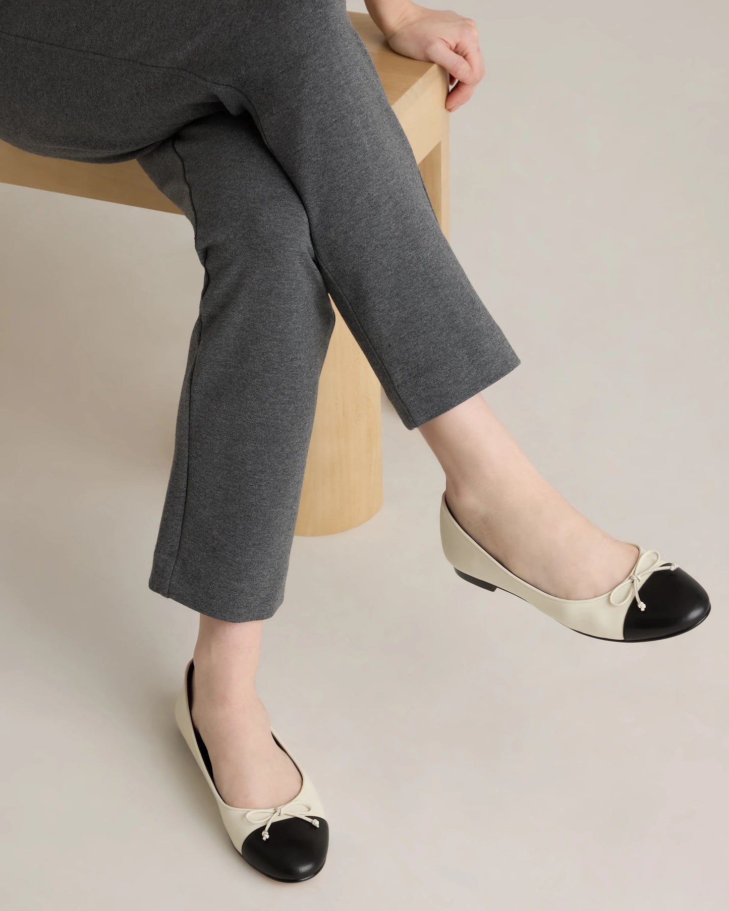 Italian Leather Cap-Toe Ballet Flat - 5 / Bone/Black