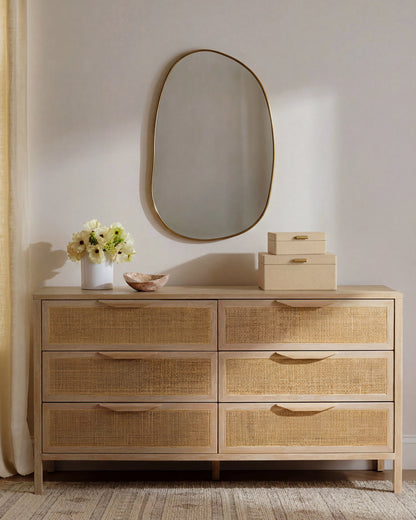 Solid Wood and Natural Rattan 6-Drawer Dresser - One Size / Natural