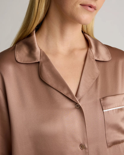 100% Washable Silk Satin Pajama Long Sleeve Top - XS / Toasted Almond