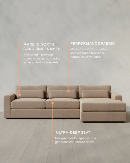 Ashford Deep Seat Chaise Sectional in Performance Velvet - 119" Right Arm / Rust