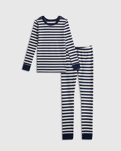 100% Organic Cotton Long Sleeve and Pant Pajama Set - 6 / Navy Stripe