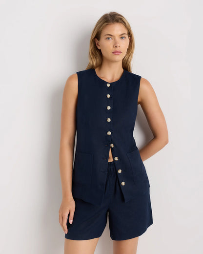 100% European Linen Longline Vest - XS / Taupe Brown Chambray