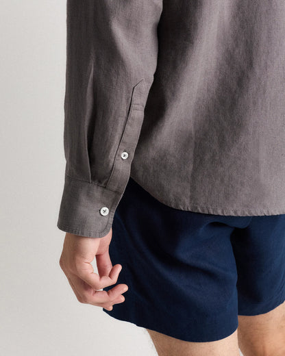 100% European Linen Relaxed Long Sleeve Pocket Shirt - S / Dark Gull Grey