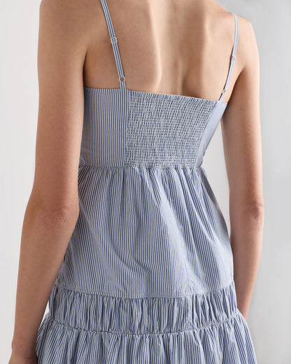 100% Organic Cotton Poplin Spaghetti Strap Maxi Dress - XS / Light Blue Stripe