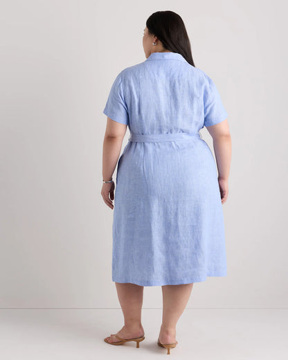 100% European Linen Button Front Dress - 1X / Blue Pinstripe