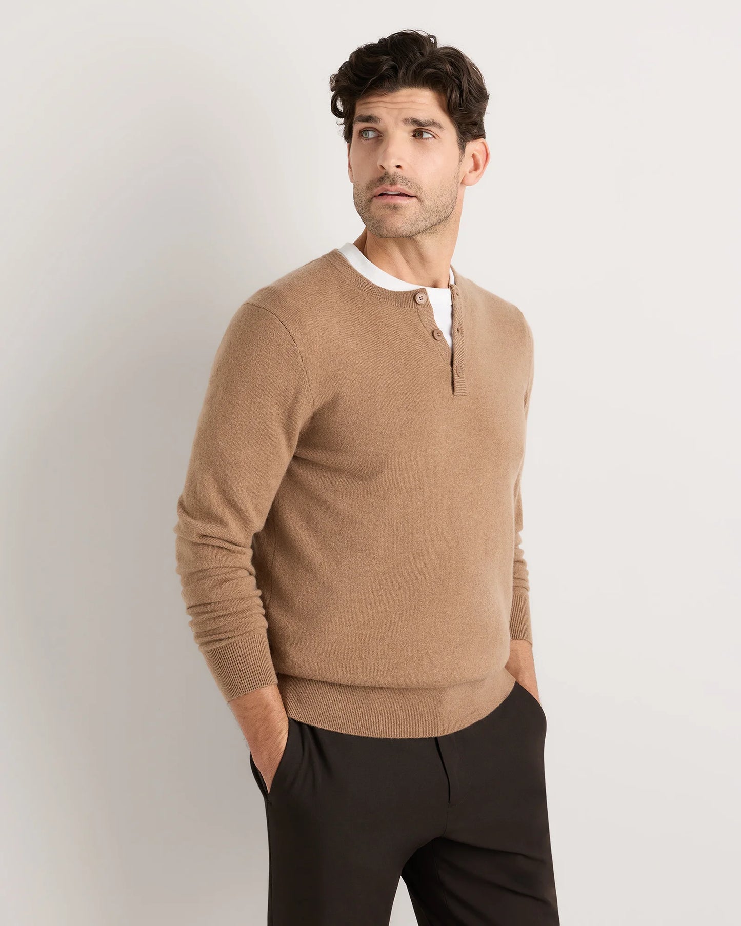 Mongolian Cashmere Henley Sweater - S / Brown