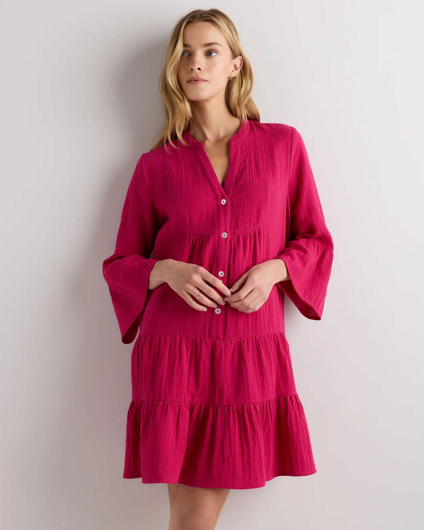 100% Organic Cotton Gauze Long Sleeve Tiered Mini Dress - XS / Amaranth Pink