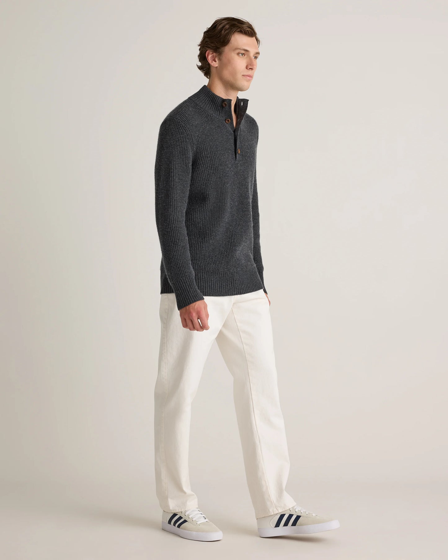 Mongolian Cashmere Waffle Quarter Button Sweater - S / Elk Brown