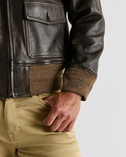 Shearling Collar Leather Flight Jacket - S / True Black