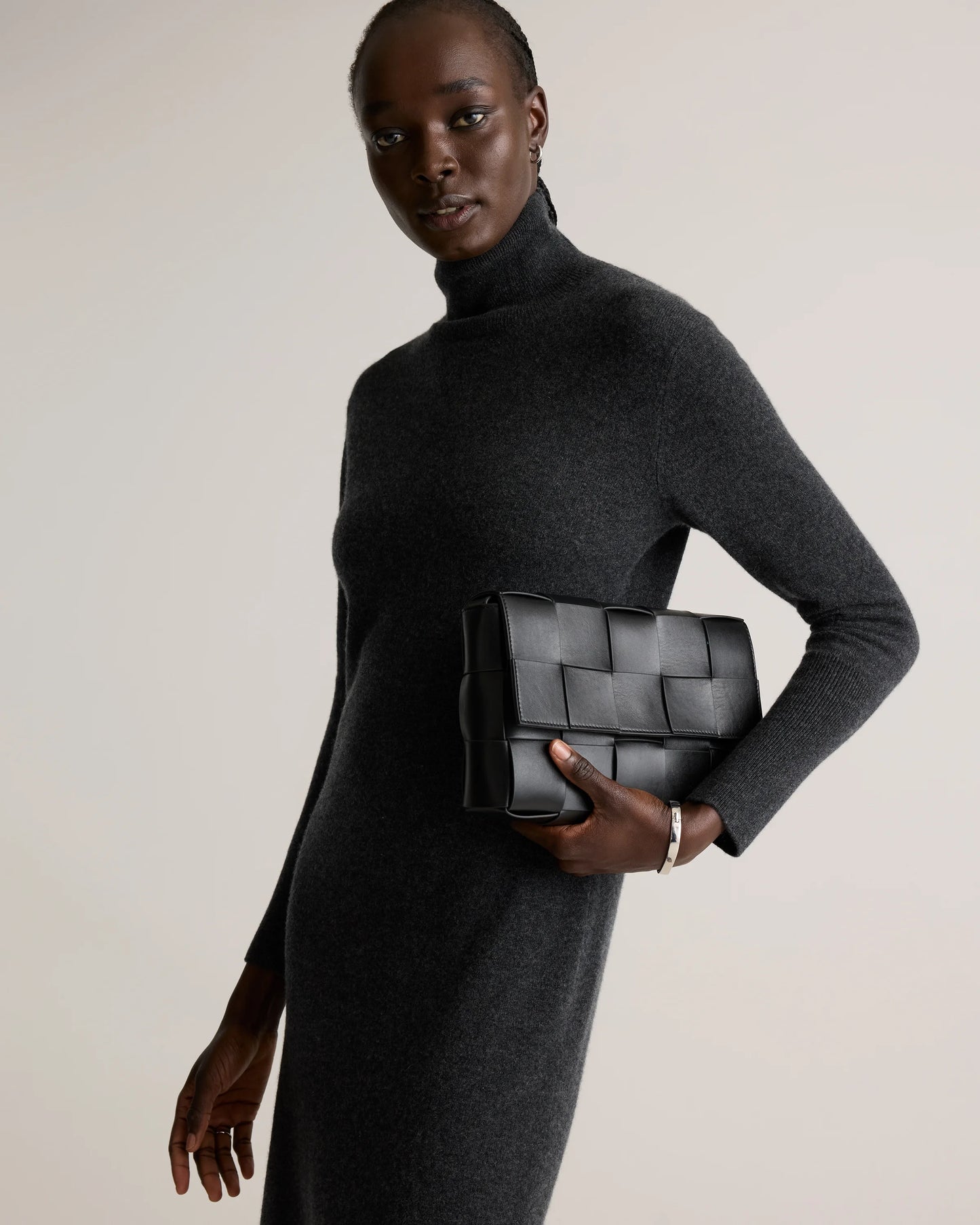 Mongolian Cashmere Turtleneck Midi Sweater Dress - XS / Charcoal