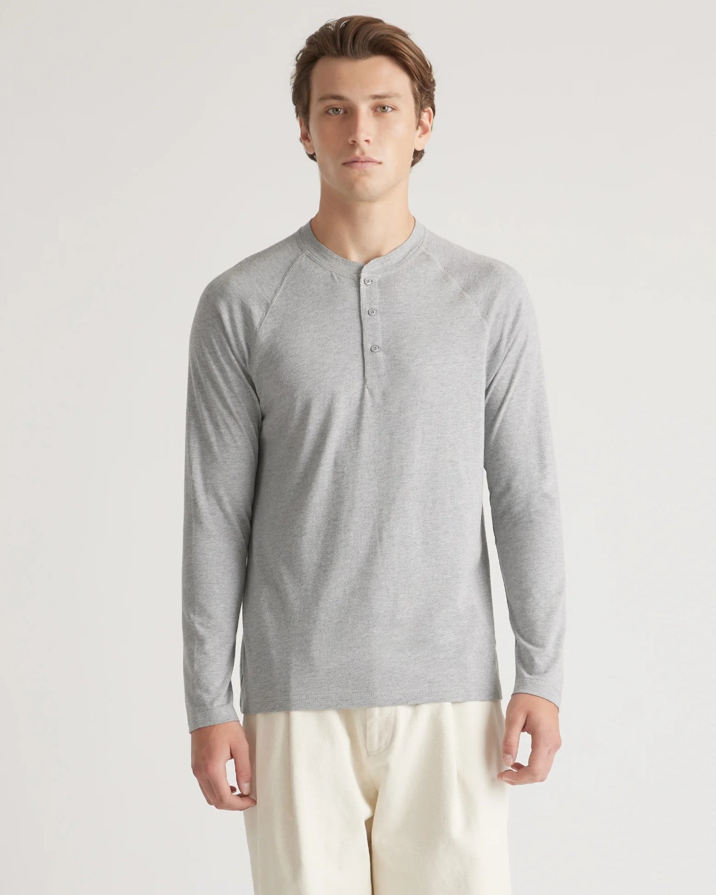 Cotton Modal Long Sleeve Henley Tee - S / Heather Grey