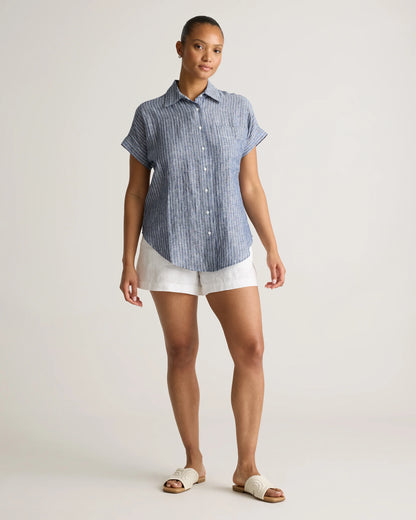 100% European Linen Camp Shirt - XS / Sky Blue Mariner Stripe