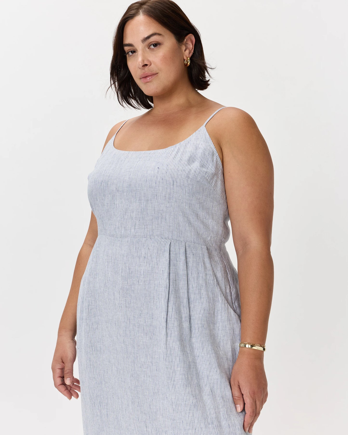 100% European Linen Scoop Neck Midi Dress - 1X / Deep Navy