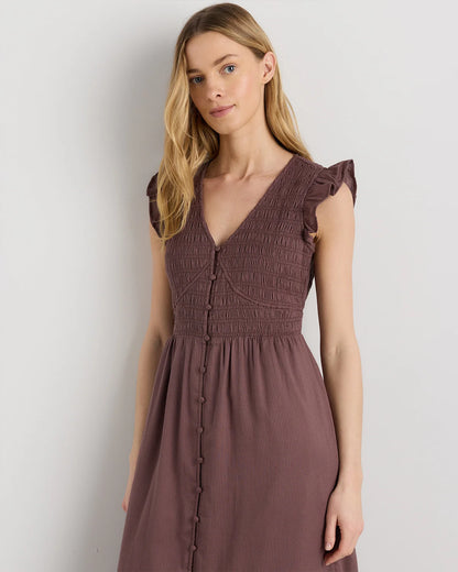 Organic Textured Cotton Smocked V-Neck Midi Dress - XS / Pale Custard Yellow