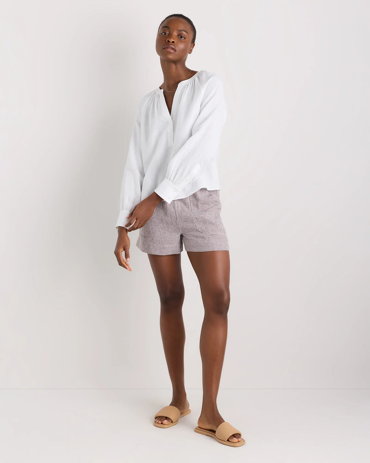 100% European Linen Shorts - XS / Taupe Brown Gingham