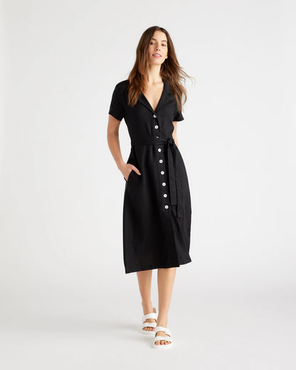100% European Linen Button Front Dress - XS / Sky Blue Mariner Stripe