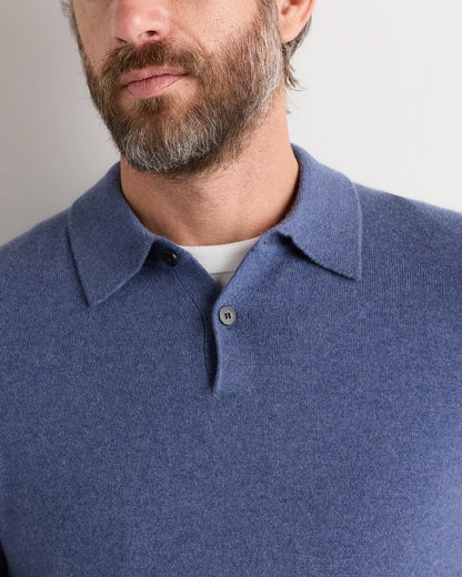 100% Mongolian Cashmere Short Sleeve Polo Sweater - S / Heather Storm Blue