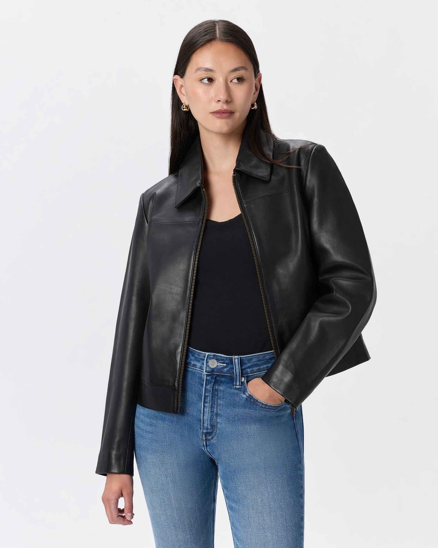 100% Leather Cropped Zip-Front Jacket - XS / True Black