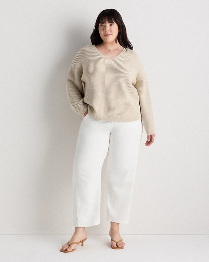 100% Organic Cotton Fisherman V-Neck Sweater - 1X / Speckled Beige