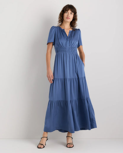 Washable Stretch Silk Tiered Maxi Dress - XS / Navy