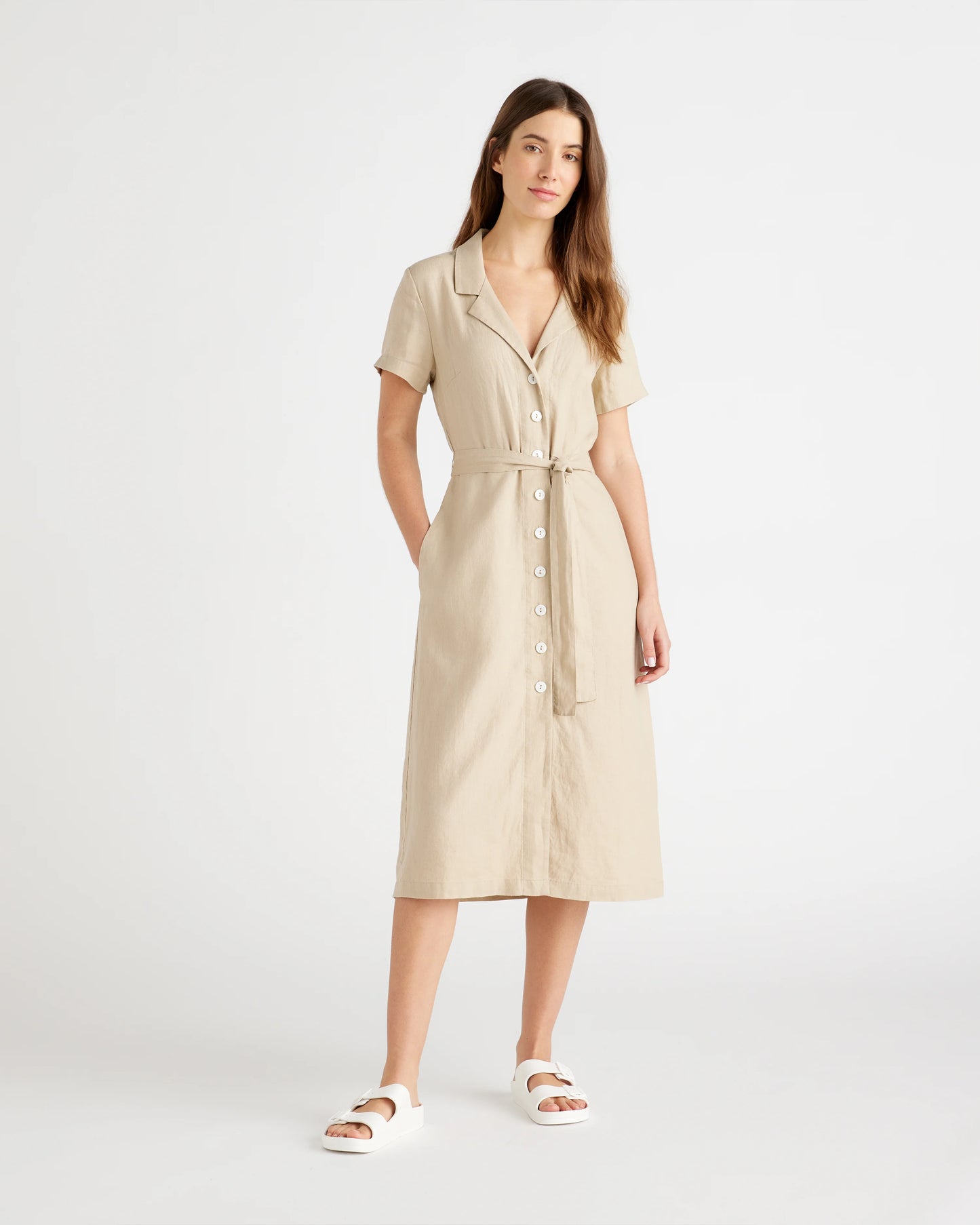 100% European Linen Button Front Dress - XS / Sky Blue Mariner Stripe