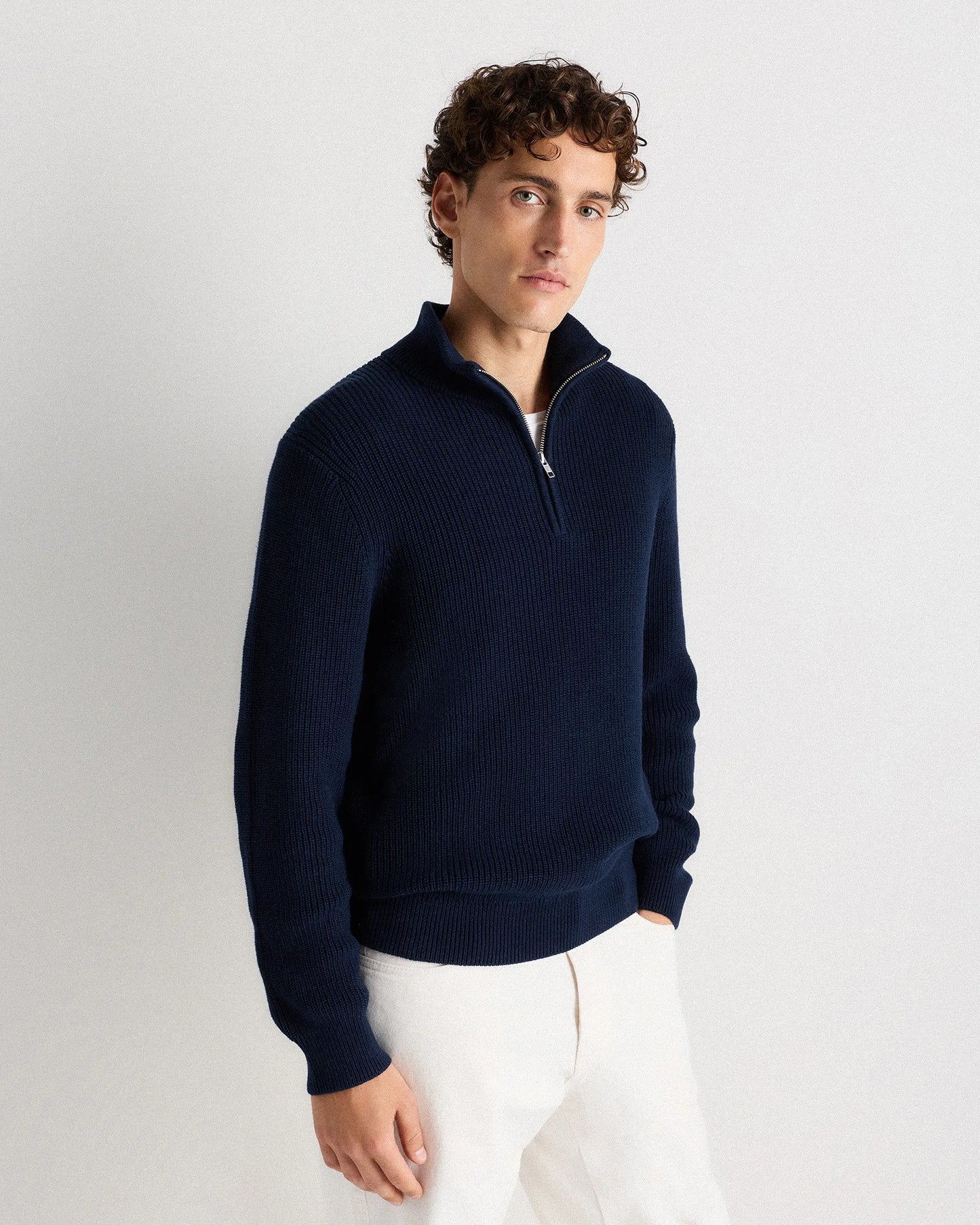 100% Organic Cotton Ribbed Quarter-Zip Sweater - S / Navy