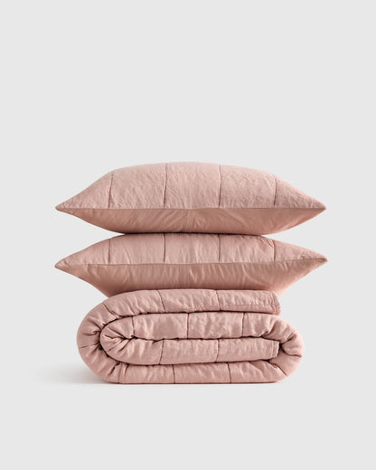 Lightweight European Linen Box Quilt Set - Twin / Dusty Mauve