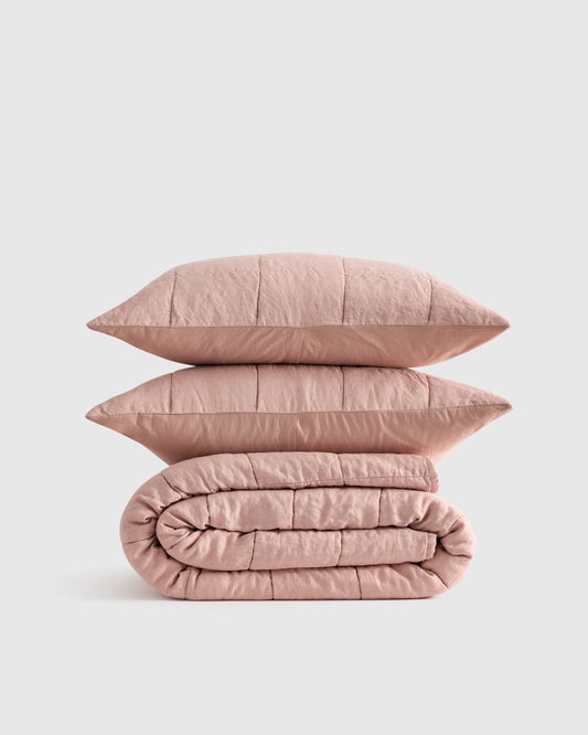 Lightweight European Linen Box Quilt Set - Twin / Dusty Mauve