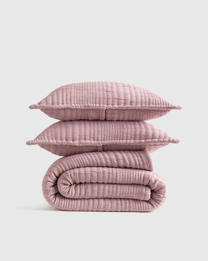 Organic Cotton Channel Stitch Coverlet Set - Twin / Coral Pink