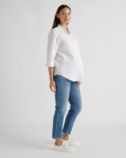 100% European Linen Maternity Long Sleeve Shirt - XS / Blue Pinstripe