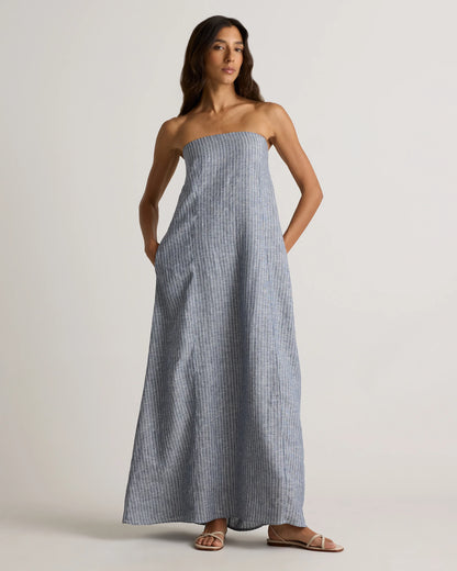 100% European Linen Strapless Maxi Dress - XS / Brick Red Heirloom Floral