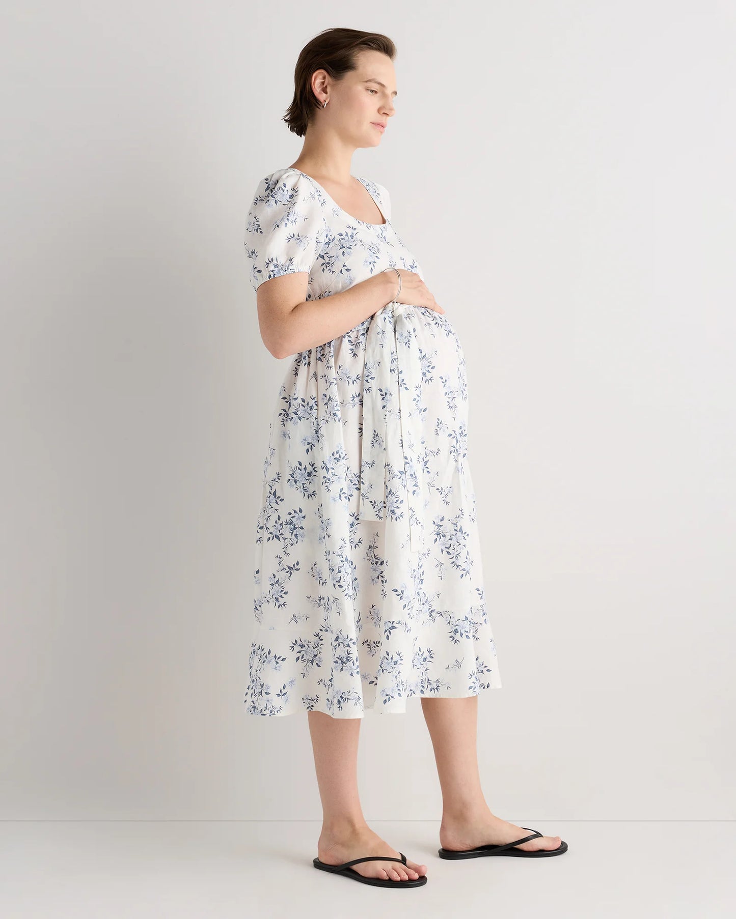 100% European Linen Maternity Short Sleeve Midi Dress - XS / Ivory Porcelain Blue Petite Floral