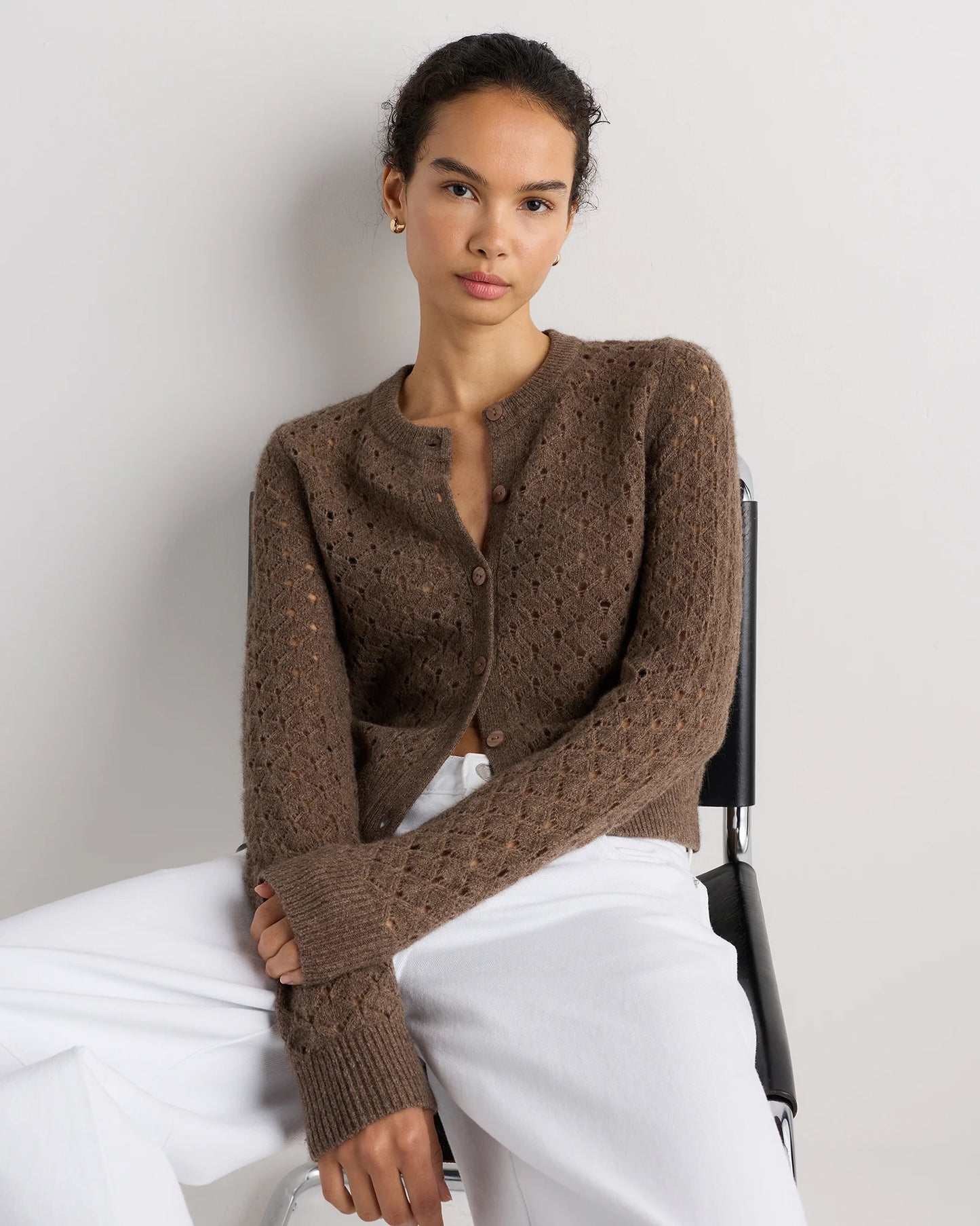 100% Yak Wool Pointelle Detail Cardigan - XS / Heather Brown