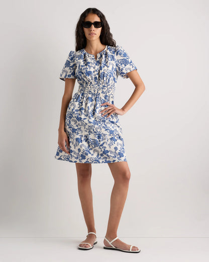 100% Organic Cotton Poplin Tiered Mini Dress - XS / Riviera Blue Heirloom Floral